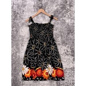 Vintage Anna Sui Dress XS Womens Black Silk Floral Tie Strap Smocked Mini